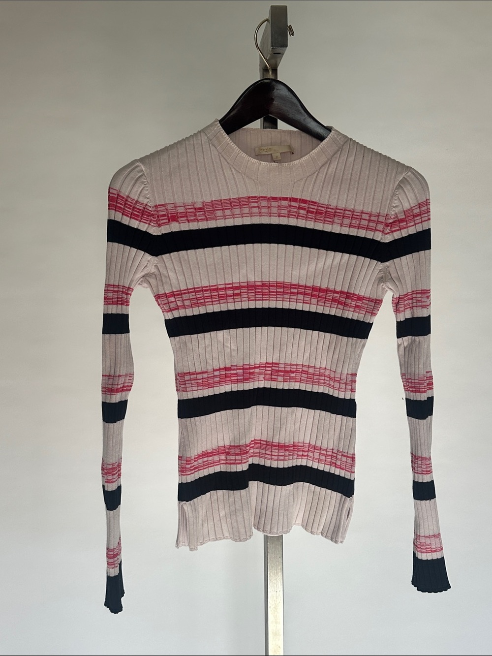 Maje Ribbed Crewneck Stripe Knit Top - Pink & Black size 2